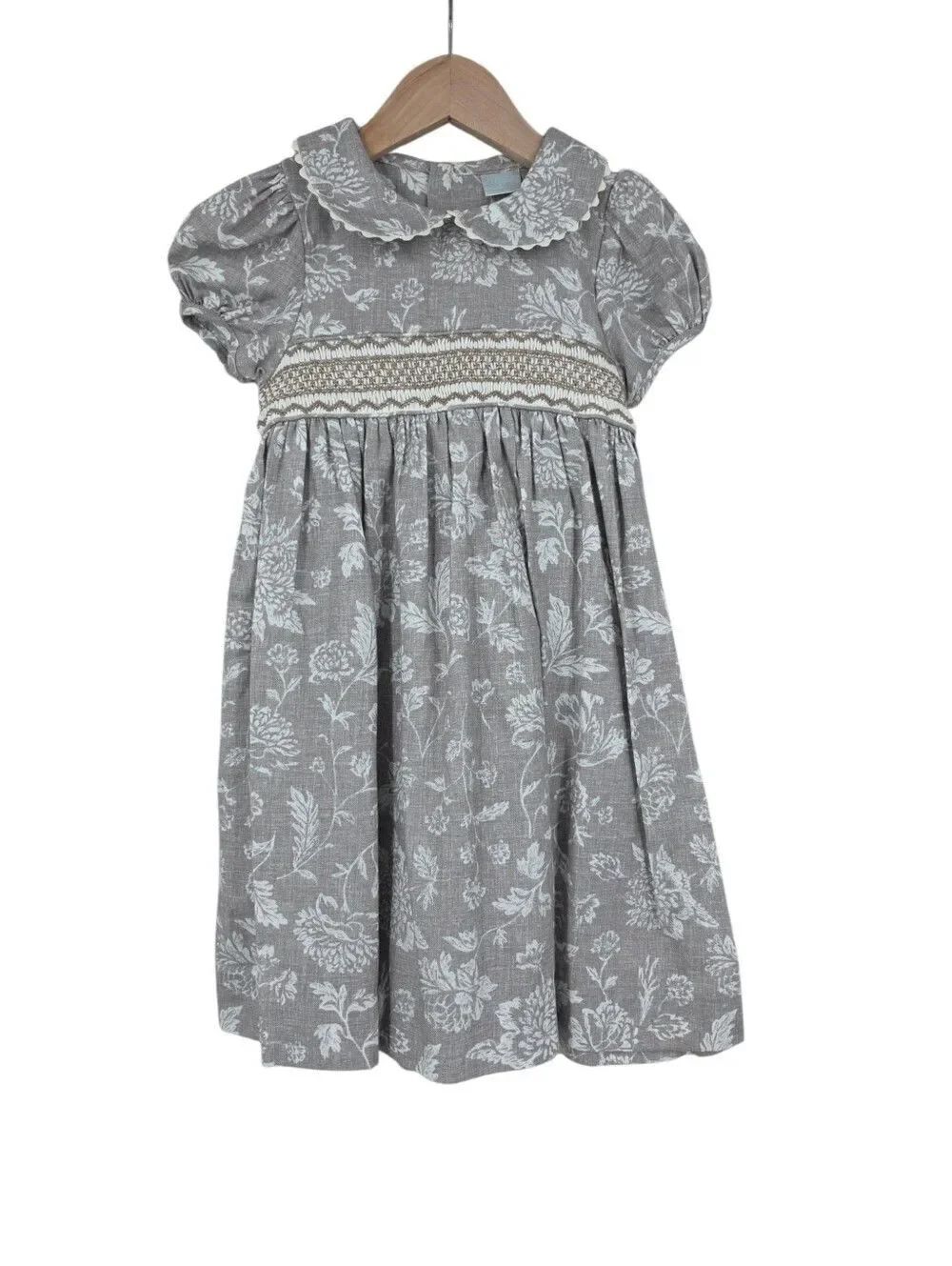 Edgehill Cotton Gray Smocked Floral Peter Pan Collar Girls Toddler 4T Dress NEW